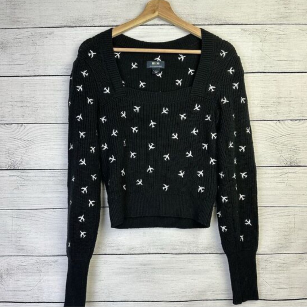 Maeve/Anthropologie Black Sweater with White airplane Accents - Picture 6 of 8